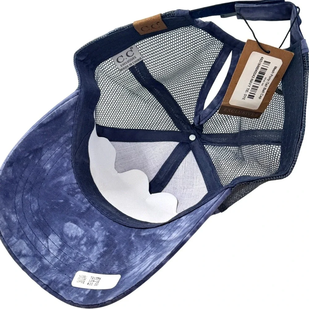 C.C Exclusives Navy Tie Dye Ponytail Trucker Hat Mesh Back Messy Bun Cap